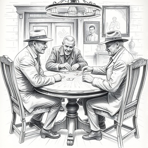 Three men playing cards around the table